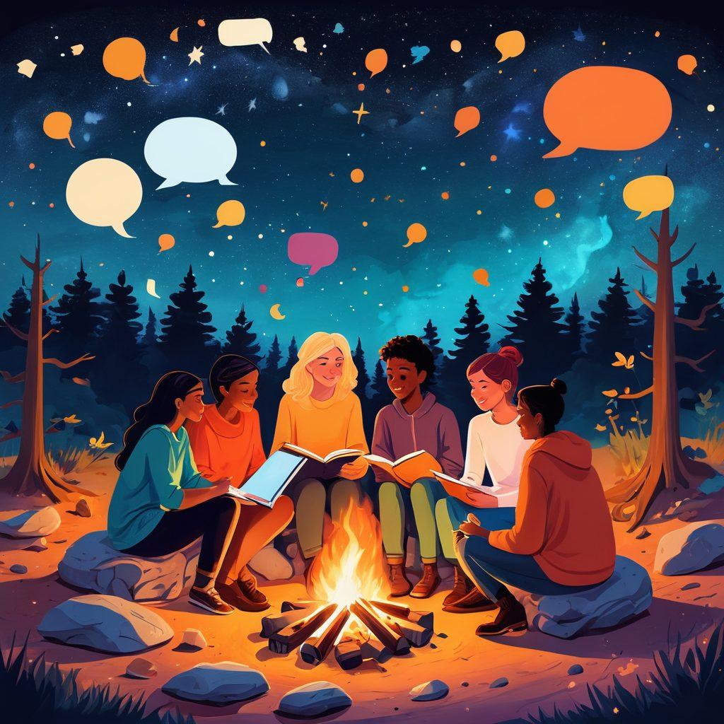 A whimsical illustration of a diverse group of readers gathered around a glowing campfire, sharing stories with animated books and vibrant speech bubbles floating above them, representing various blogging topics. The night sky is filled with stars that resemble social media icons, symbolizing connection and engagement. The scene is warm and inviting, encouraging community and interaction. bright colors. digital painting.