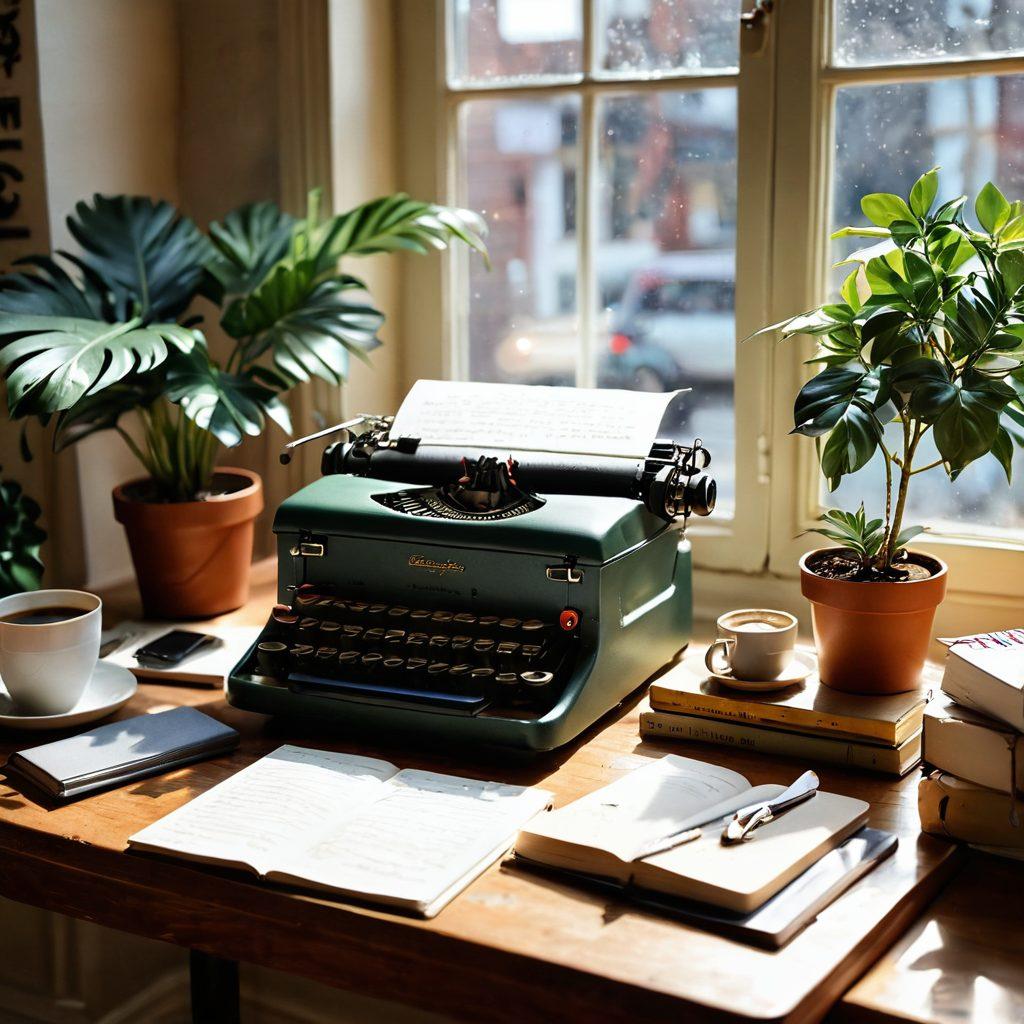 A cozy workspace featuring a writer's desk with a vintage typewriter, stacks of colorful notebooks, and a laptop open to a beautifully designed blog post. Soft sunlight streams through a window, illuminating inspirational quotes on the wall. A steaming cup of coffee sits beside a potted plant, symbolizing creativity and growth. The scene captures the essence of storytelling with elements like a feather quill and ink pot subtly included. warm tones. artistic illustration. vibrant colors.